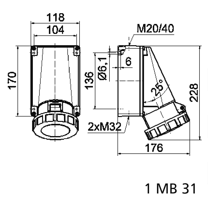 WCD 7h 63A 4P 500V IP67 170x118 Ni PSK - Afbeelding 2