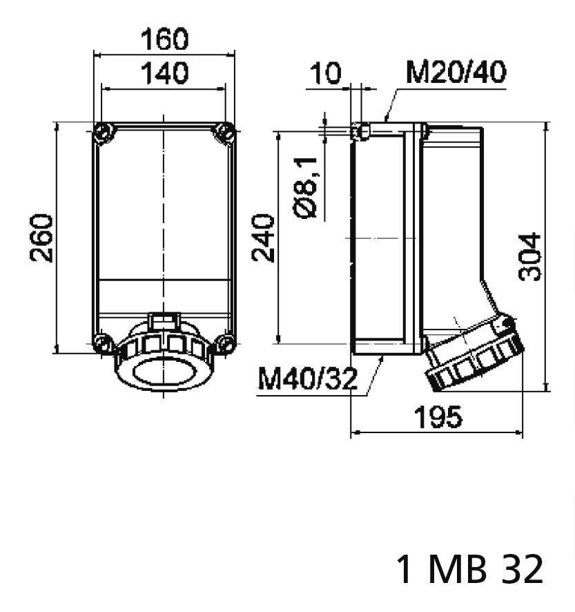 WCD 6h 63A 4P 400V IP67 260x160 Ni PSK - Afbeelding 2