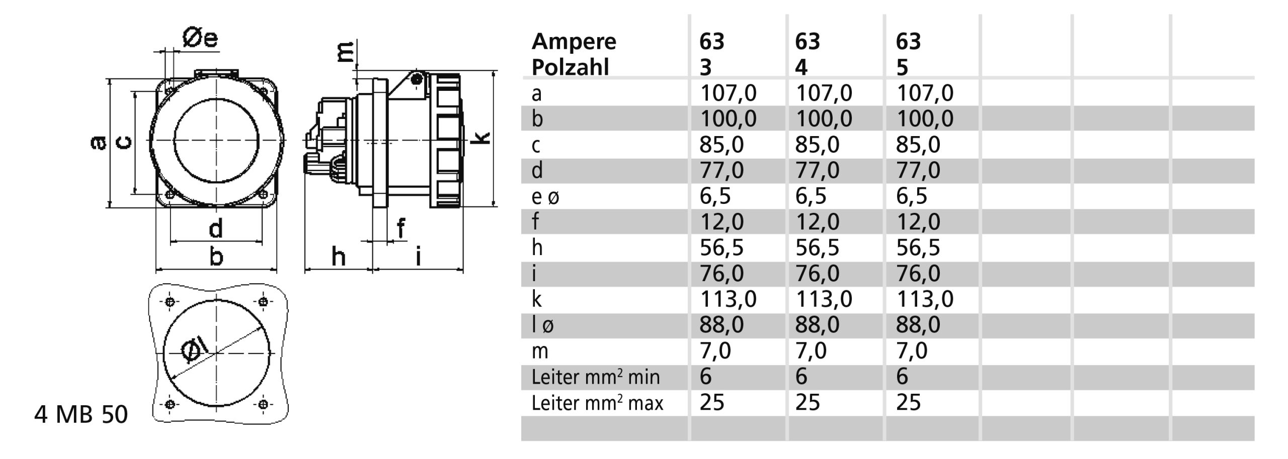 ICD 7h 63A 4P 500V IP67 107x100 TE Ni - Afbeelding 2