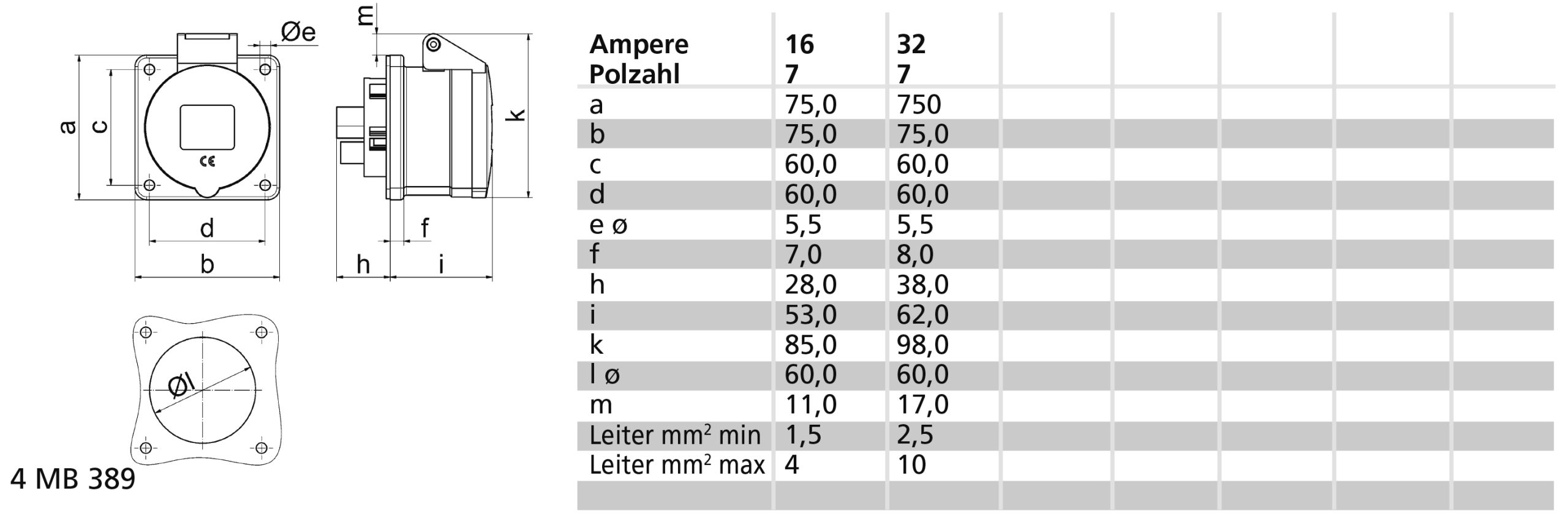 ICD 6h 16A 7P 400V IP44 75x75 Ni - Afbeelding 2