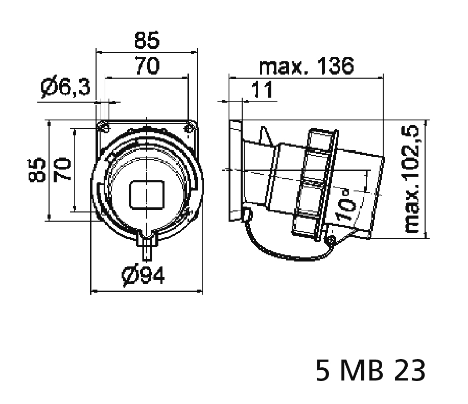 TCD 6h 32A 7P 400V IP67 85x85 Aanb Sch Ni - Afbeelding 3