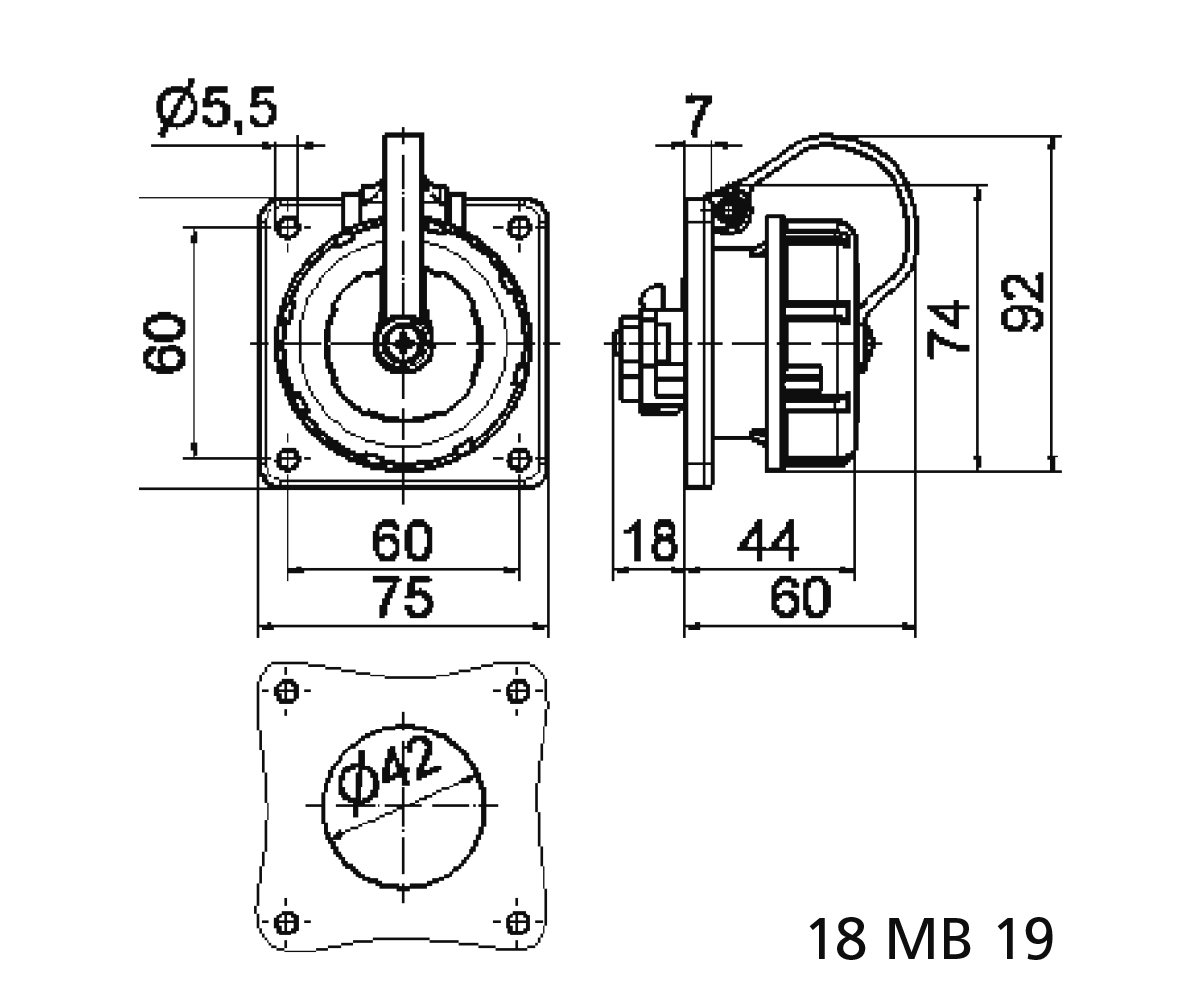 Schuko ICD 16A 2P+Ra 230V IP68 75x75 Bl Ni - Afbeelding 2
